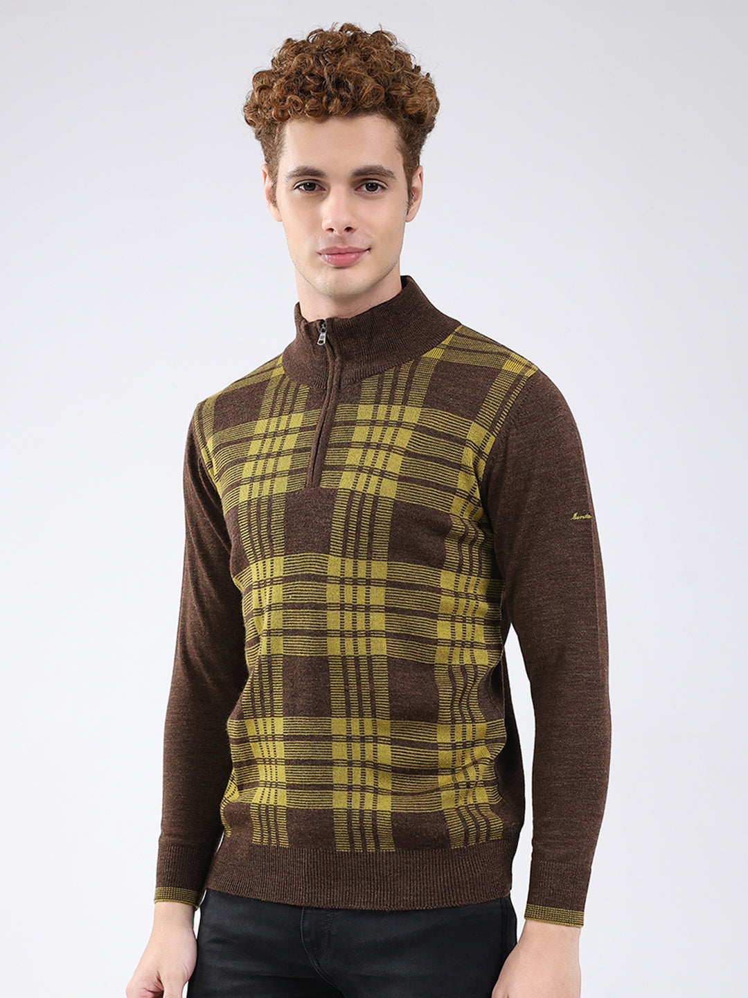 Men Brown Printed Mock Neck Full Sleeve Pullover