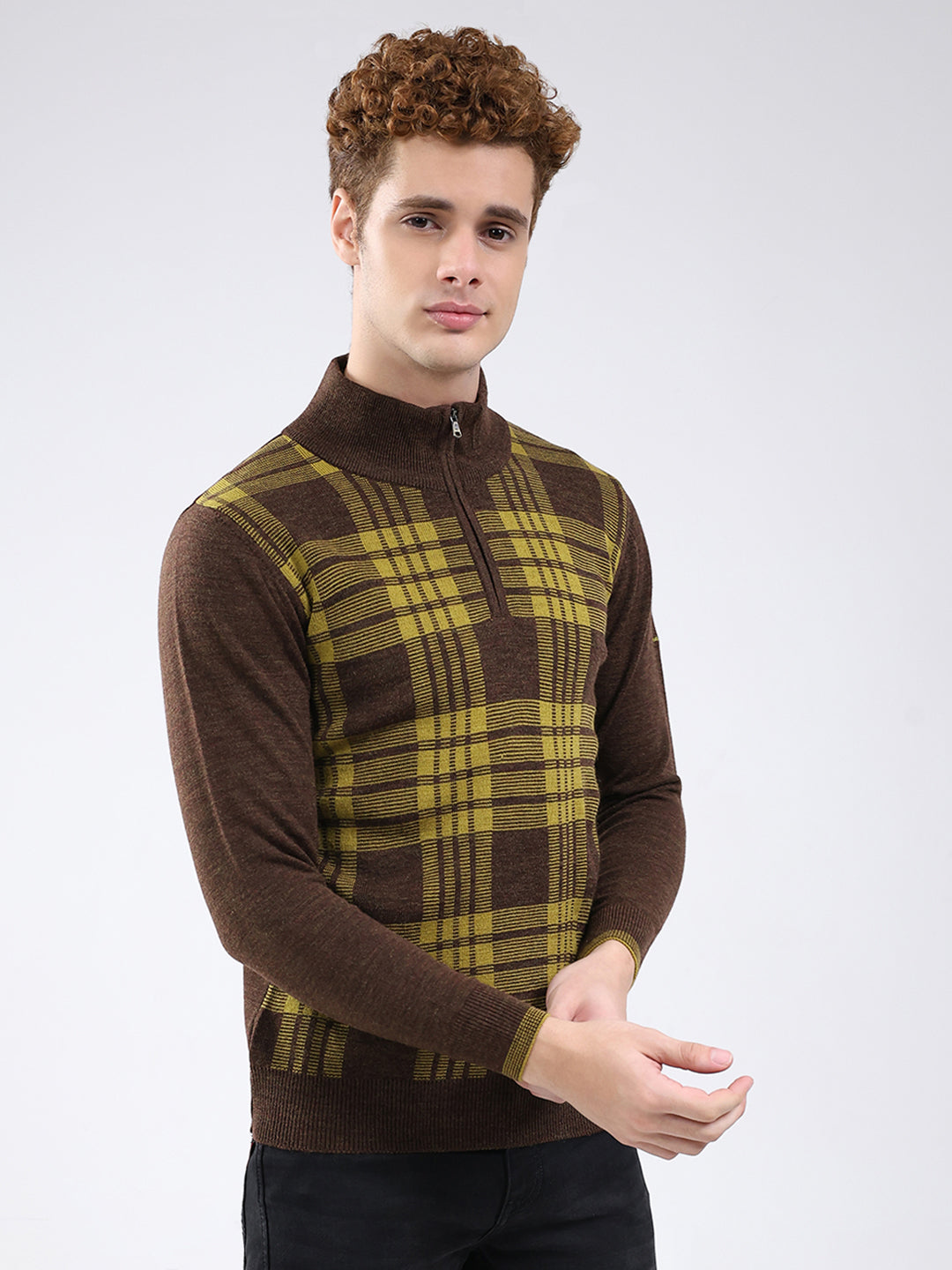 Men Brown Printed Mock Neck Full Sleeve Pullover
