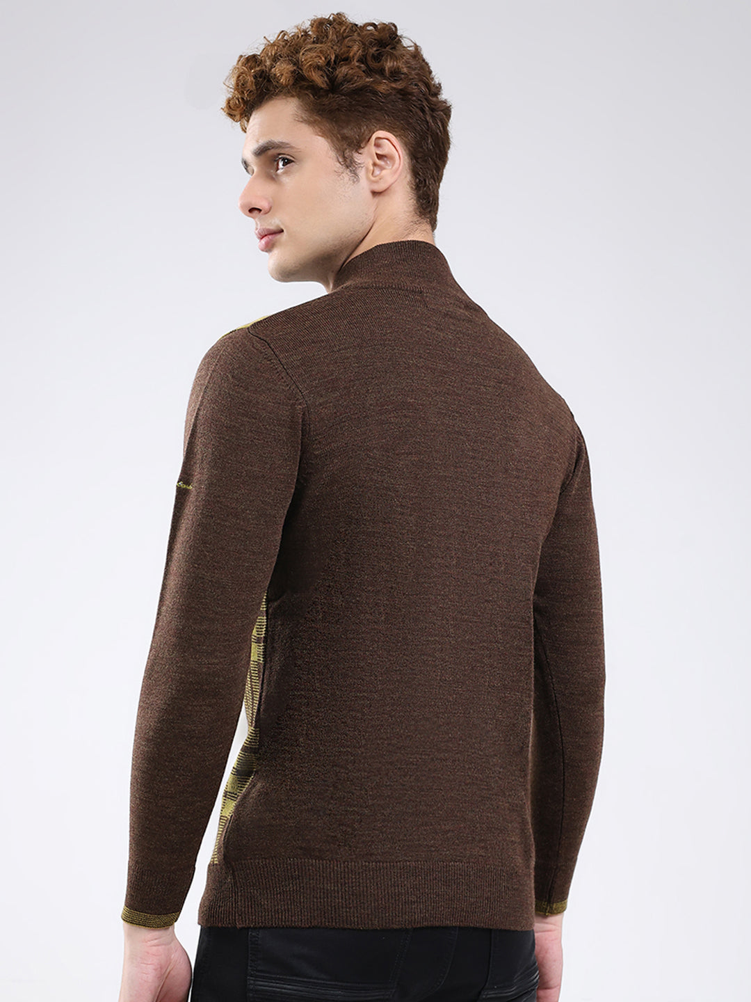 Men Brown Printed Mock Neck Full Sleeve Pullover