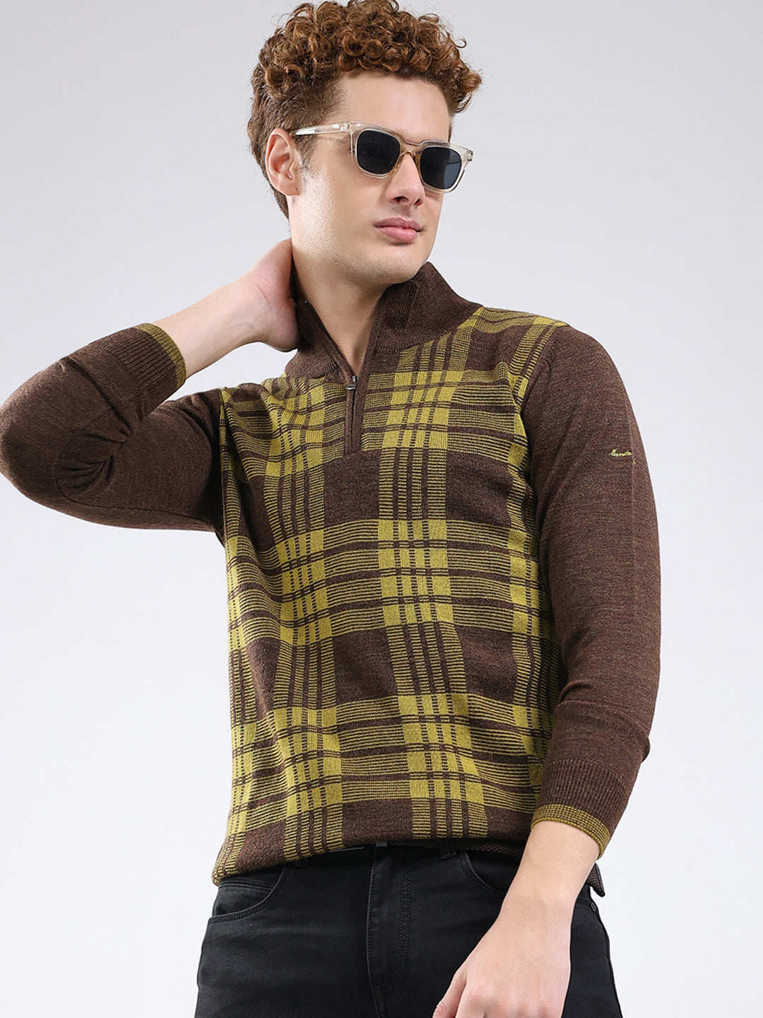 Men Brown Printed Mock Neck Full Sleeve Pullover