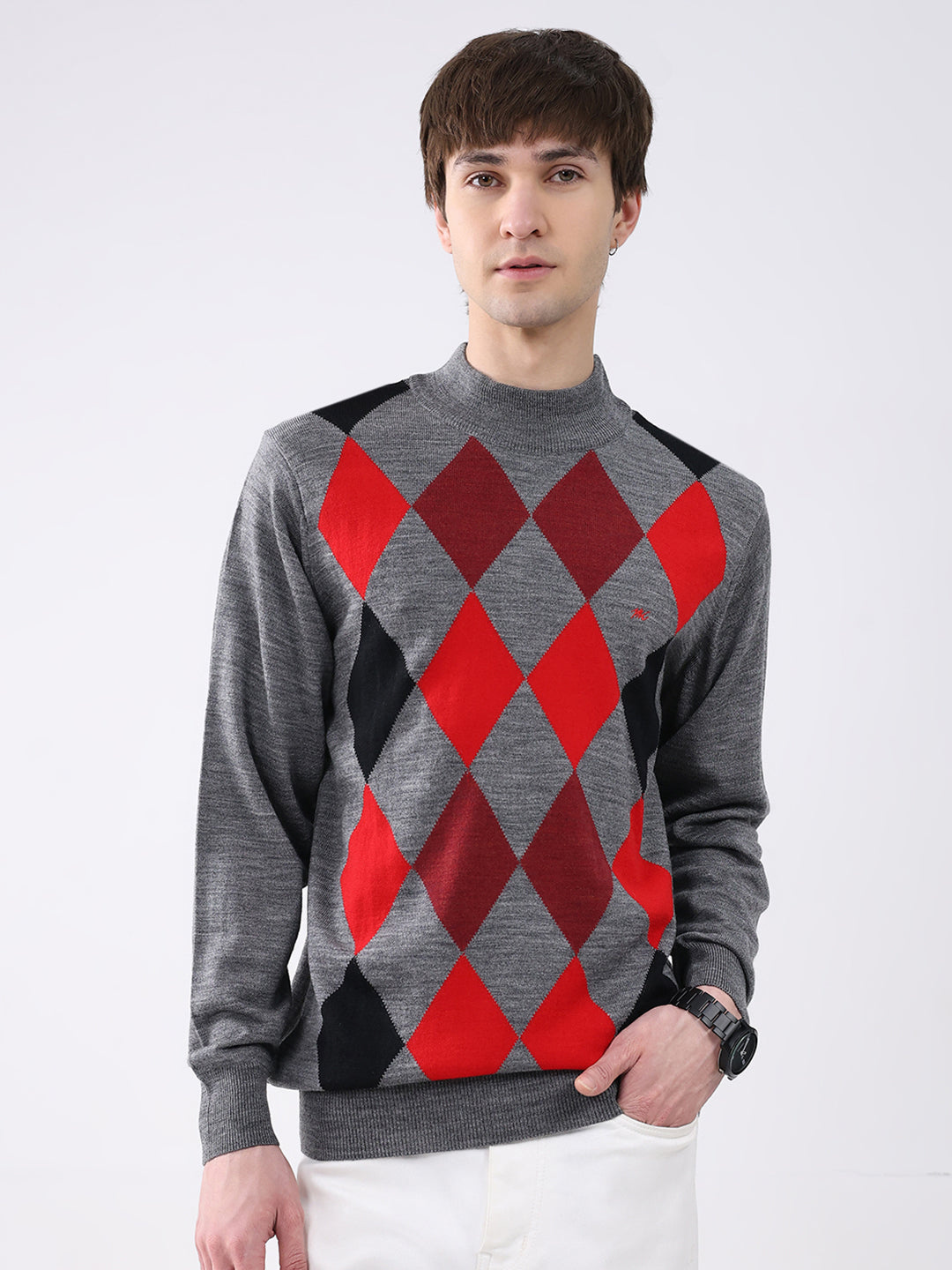 Men Grey Printed Mock Neck Full Sleeve Pullover