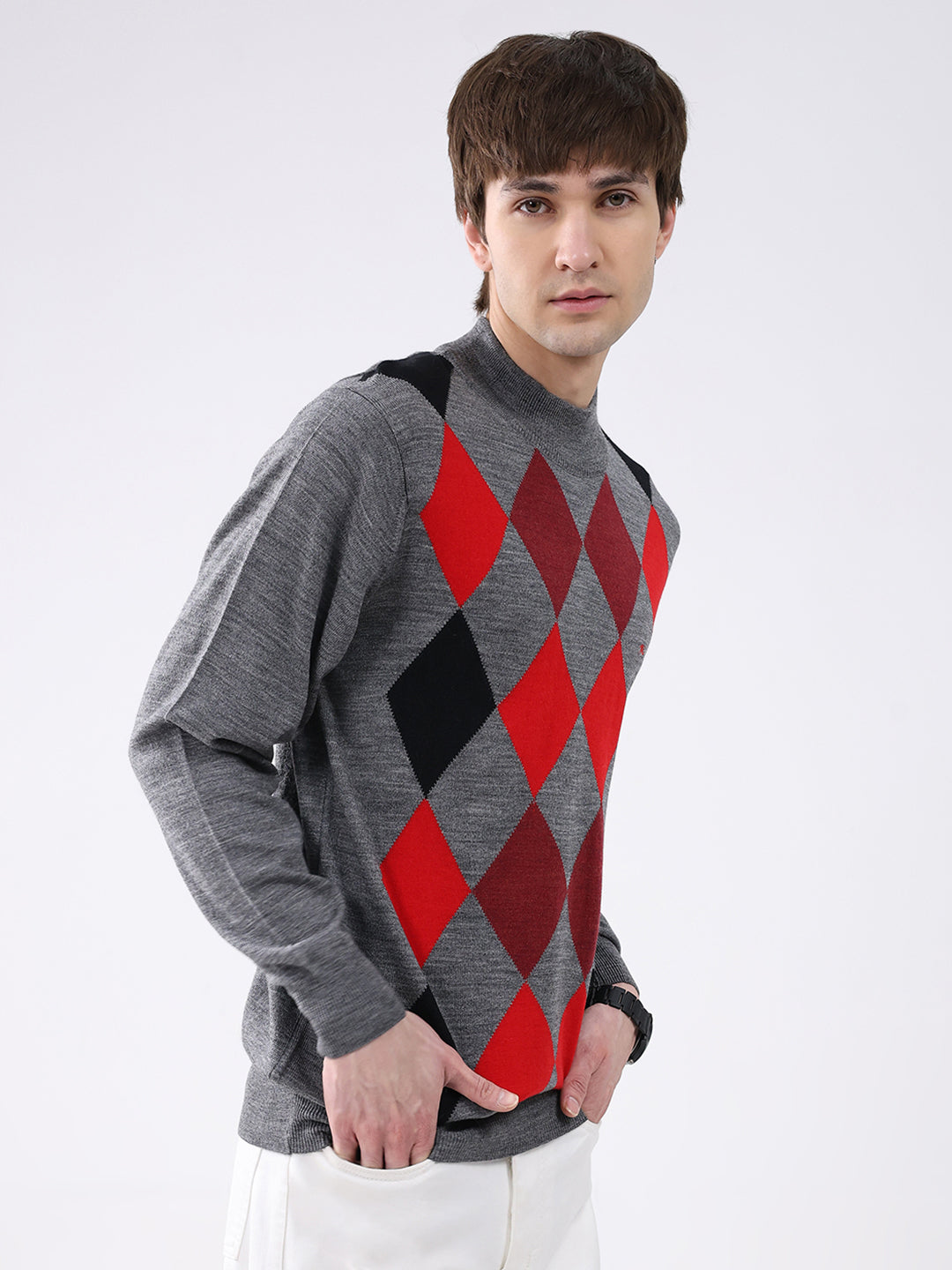 Men Grey Printed Mock Neck Full Sleeve Pullover