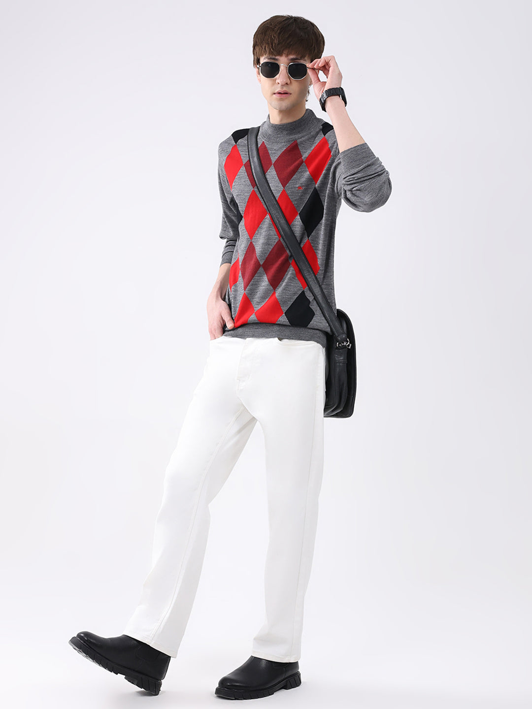 Men Grey Printed Mock Neck Full Sleeve Pullover