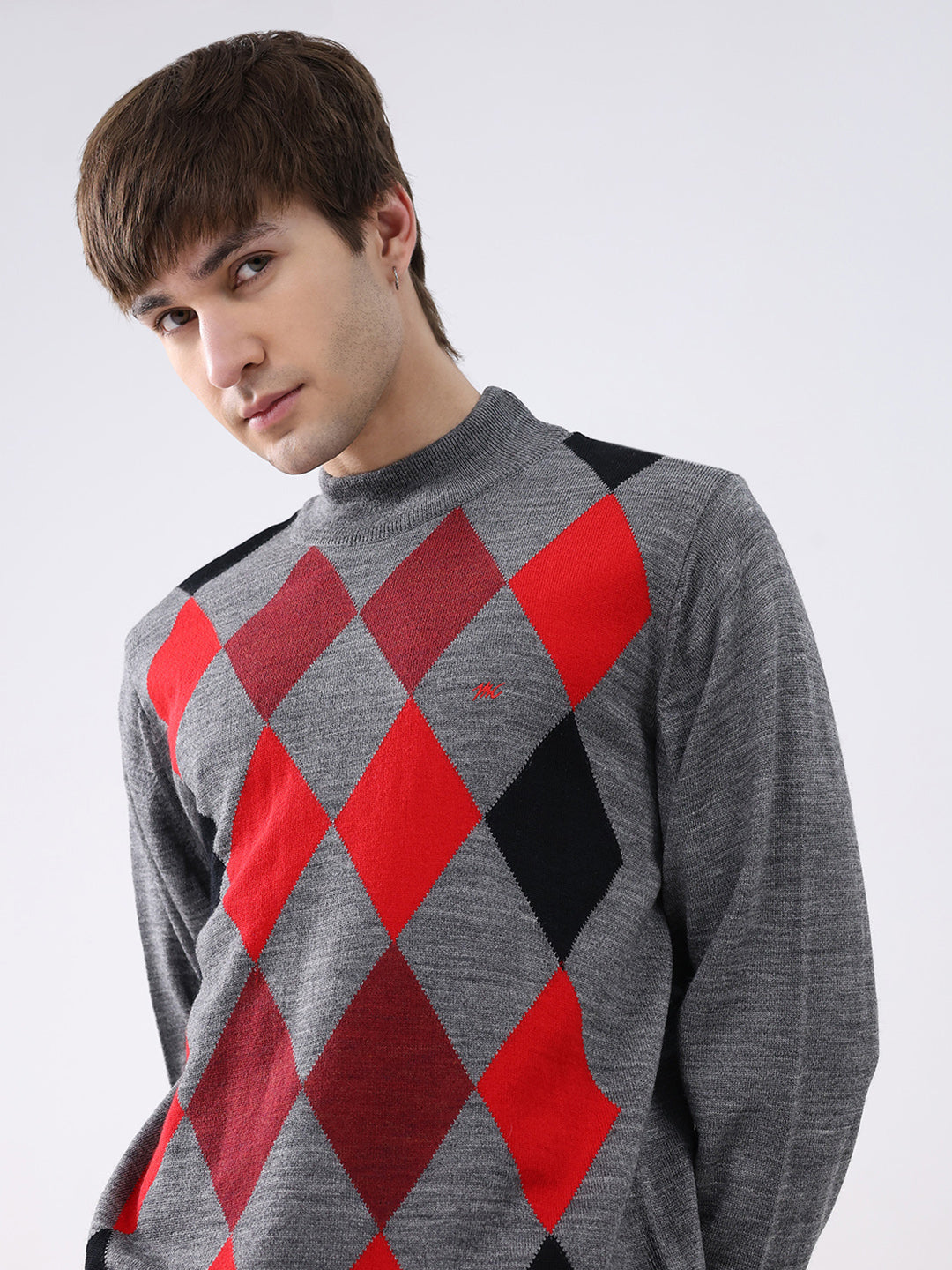 Men Grey Printed Mock Neck Full Sleeve Pullover