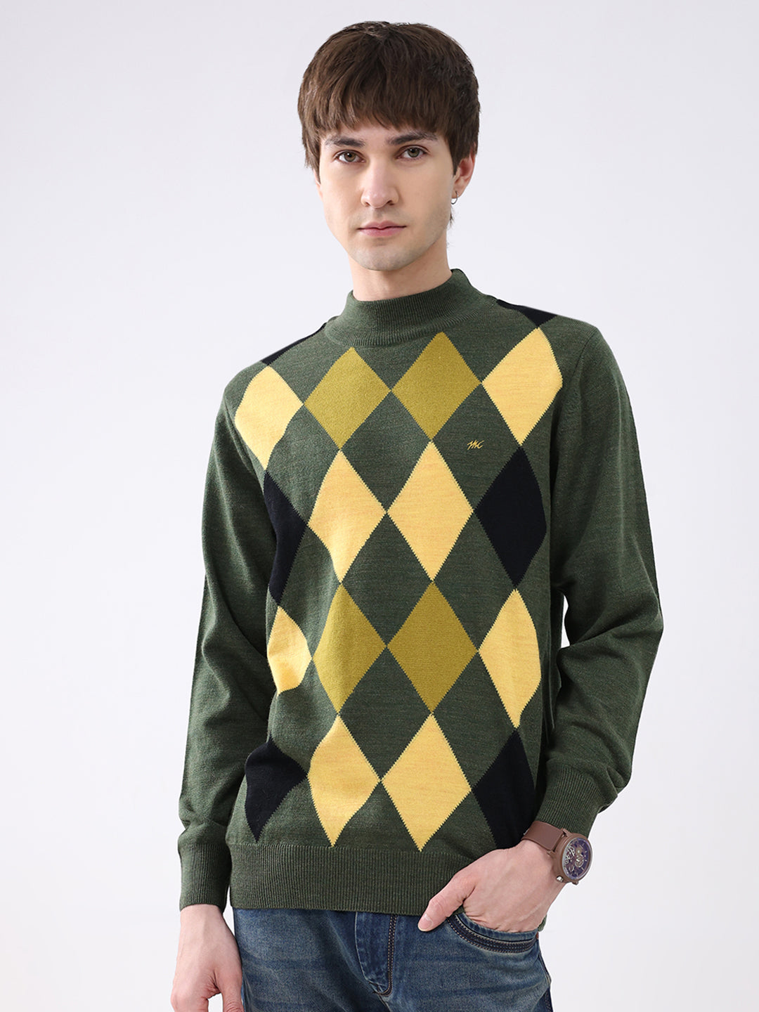 Men Green Printed Mock Neck Full Sleeve Pullover