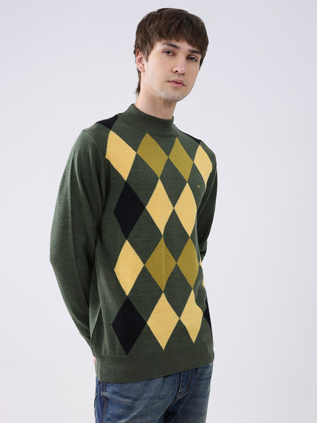 Men Green Printed Mock Neck Full Sleeve Pullover
