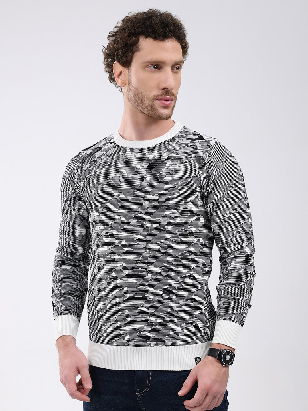 Men Grey Self Design Round Neck Full Sleeve Pullover