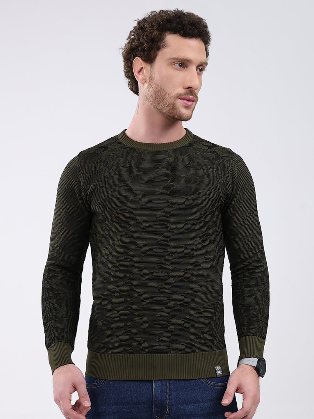 Men Dark Green Self Design Round Neck Full Sleeve Pullover