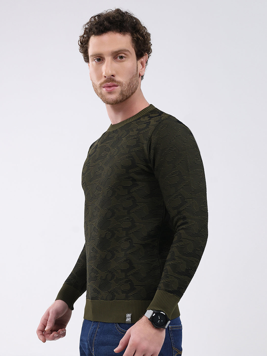 Men Dark Green Self Design Round Neck Full Sleeve Pullover