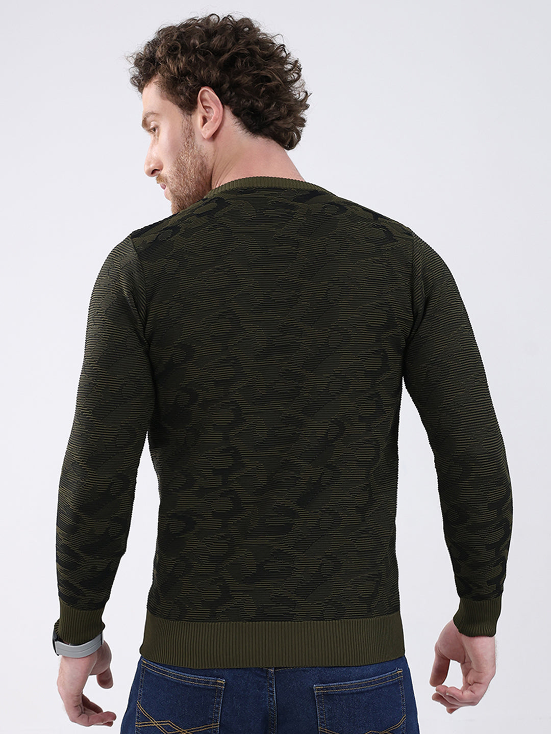 Men Dark Green Self Design Round Neck Full Sleeve Pullover