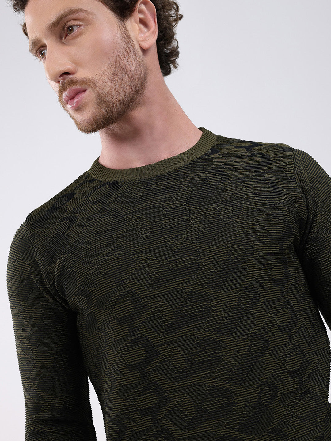 Men Dark Green Self Design Round Neck Full Sleeve Pullover