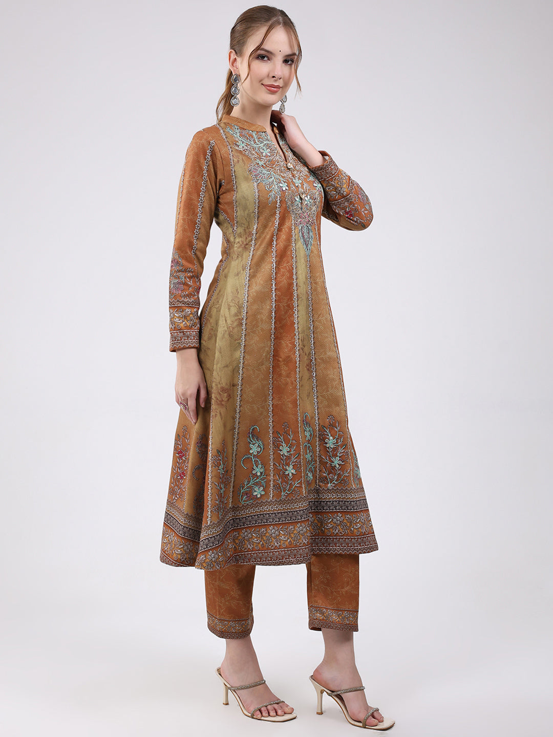 Women Mustard Printed Round Neck Full Sleeve Kurti Set for Winter