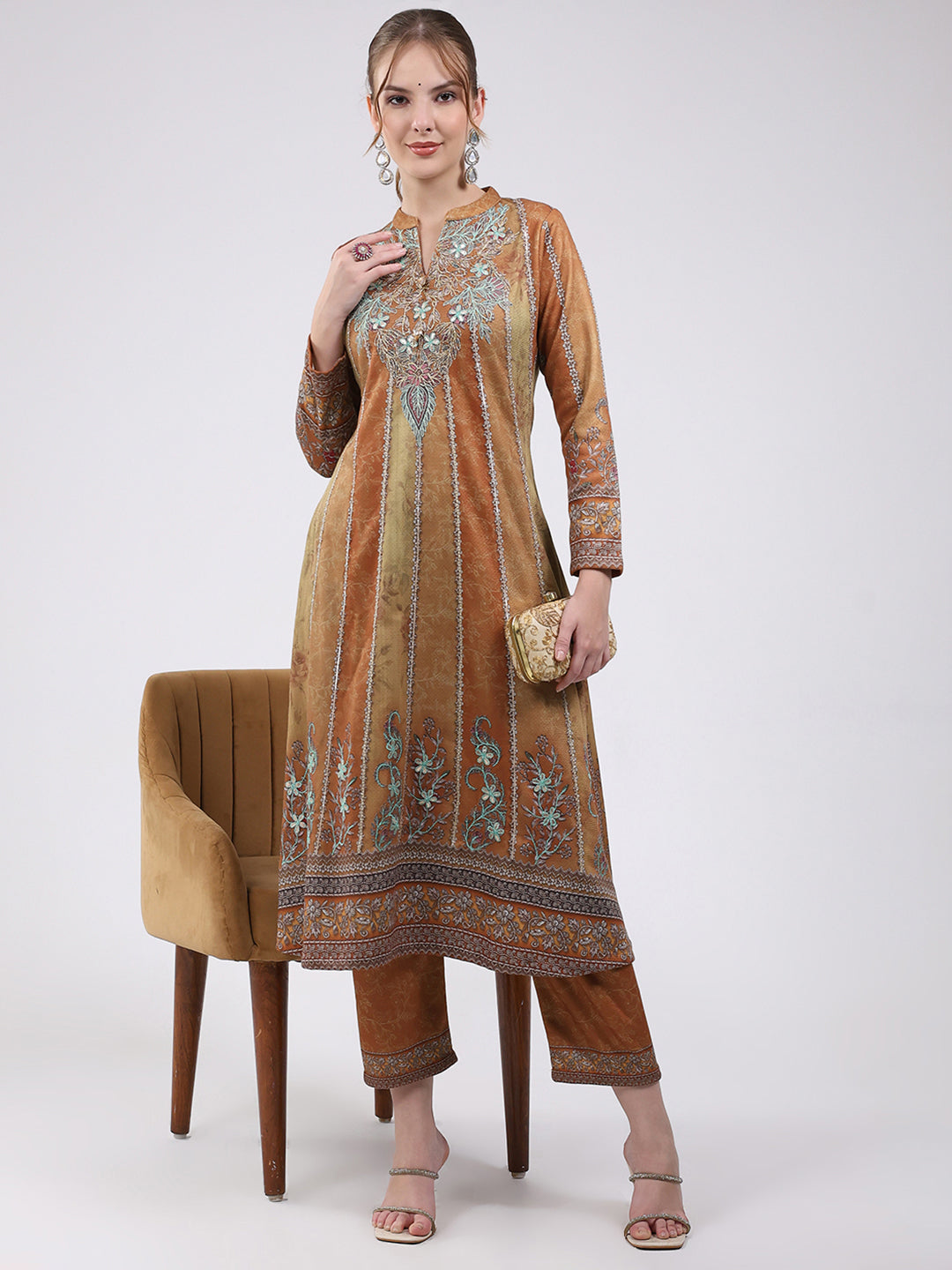 Women Mustard Printed Round Neck Full Sleeve Kurti Set for Winter