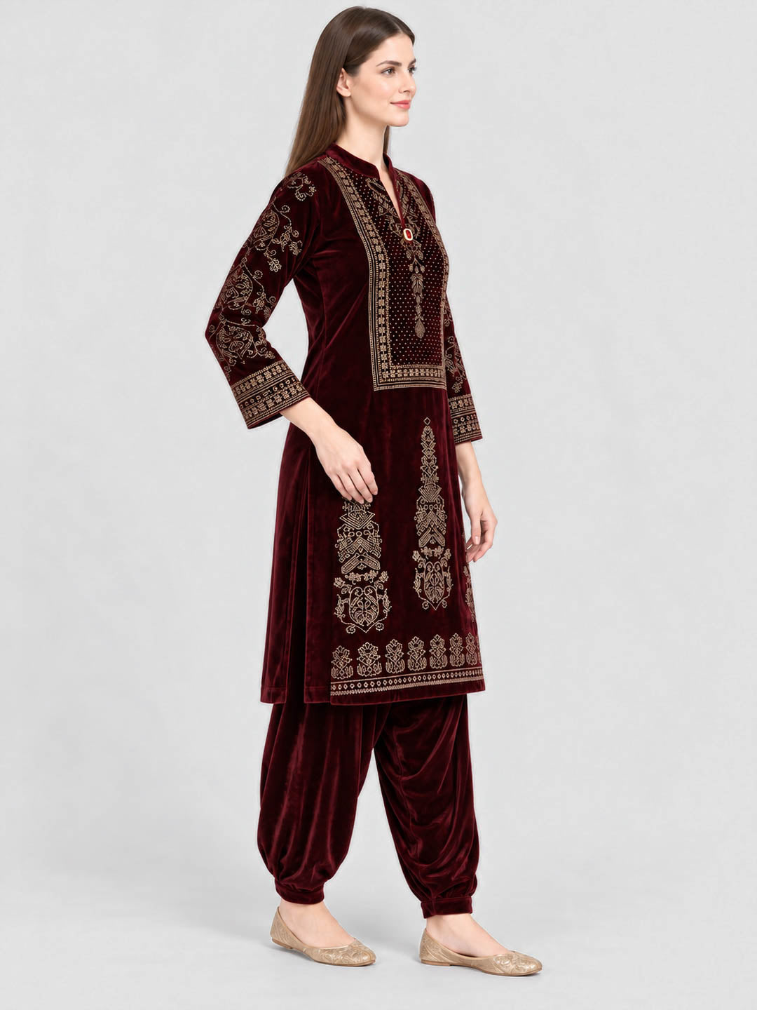 Women Maroon Designer Round Neck Full Sleeve Kurtis Set for Winter