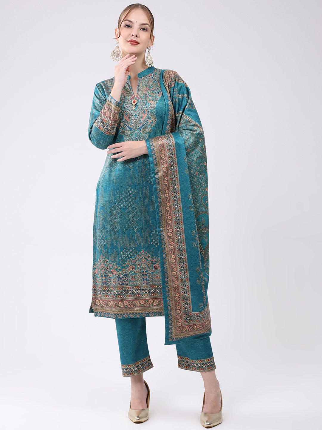 Women Turquoise Blue Printed Round Neck Full Sleeve Kurti Set for Winter