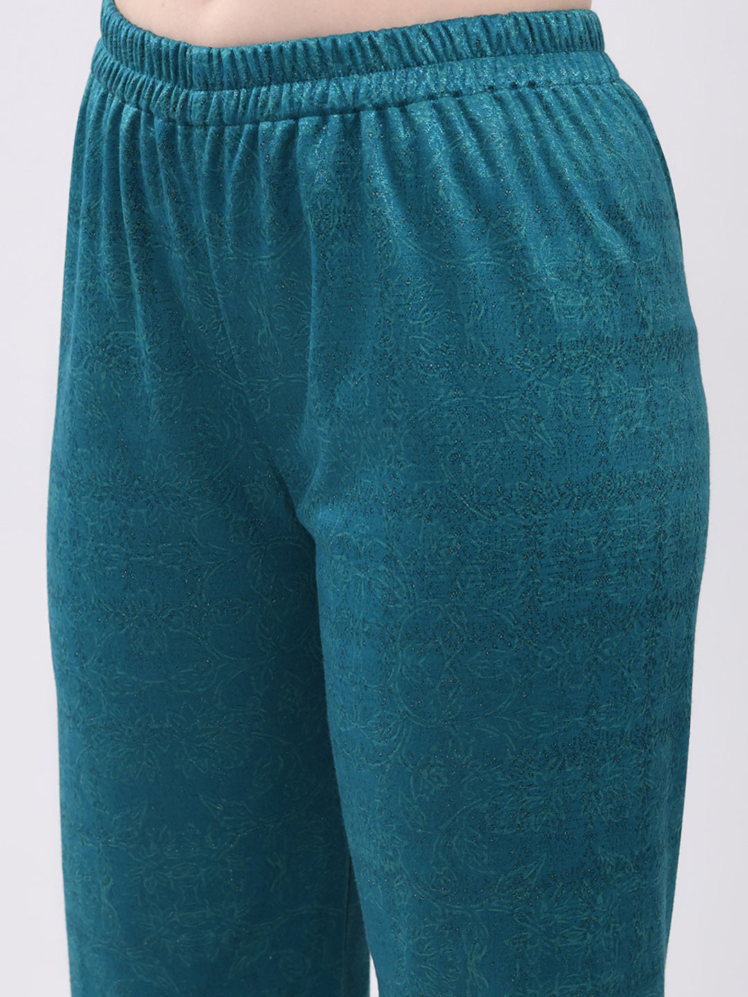 Women Turquoise Blue Printed Round Neck Full Sleeve Kurti Set for Winter