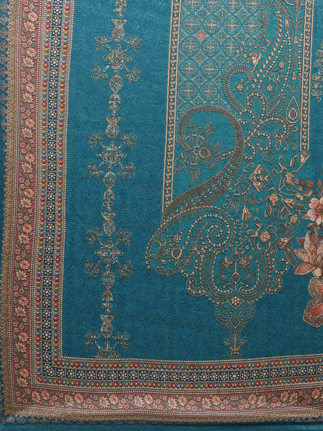 Women Turquoise Blue Printed Round Neck Full Sleeve Kurti Set for Winter