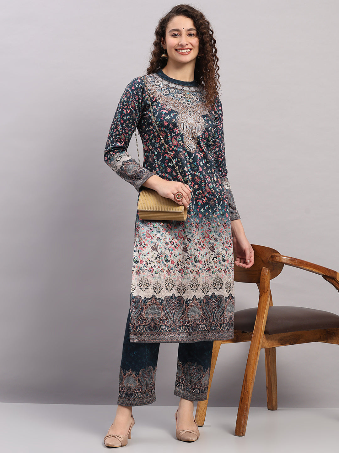 Women Blue Printed Round Neck Full Sleeve Kurti Set for Winter