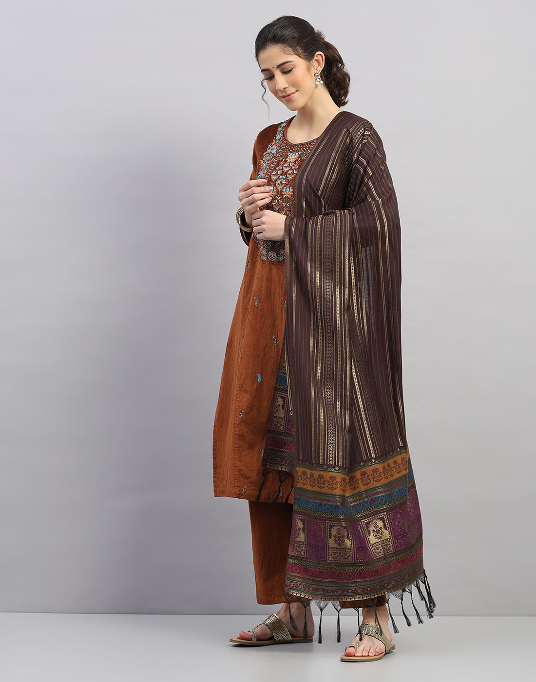 Women Rust Printed Round Neck Full Sleeve 3 Pc Kurtis Set for Winter