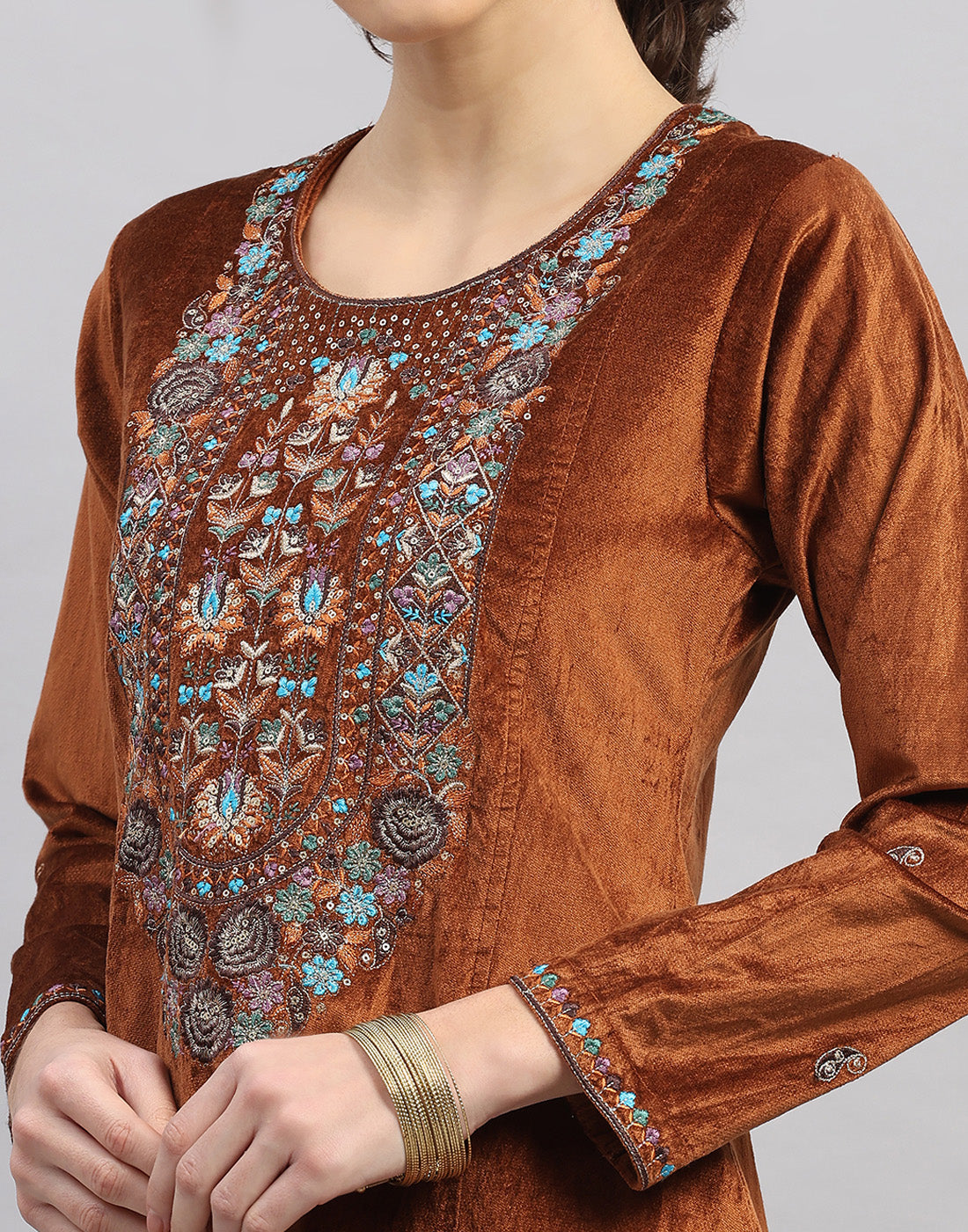 Women Rust Printed Round Neck Full Sleeve 3 Pc Kurtis Set for Winter