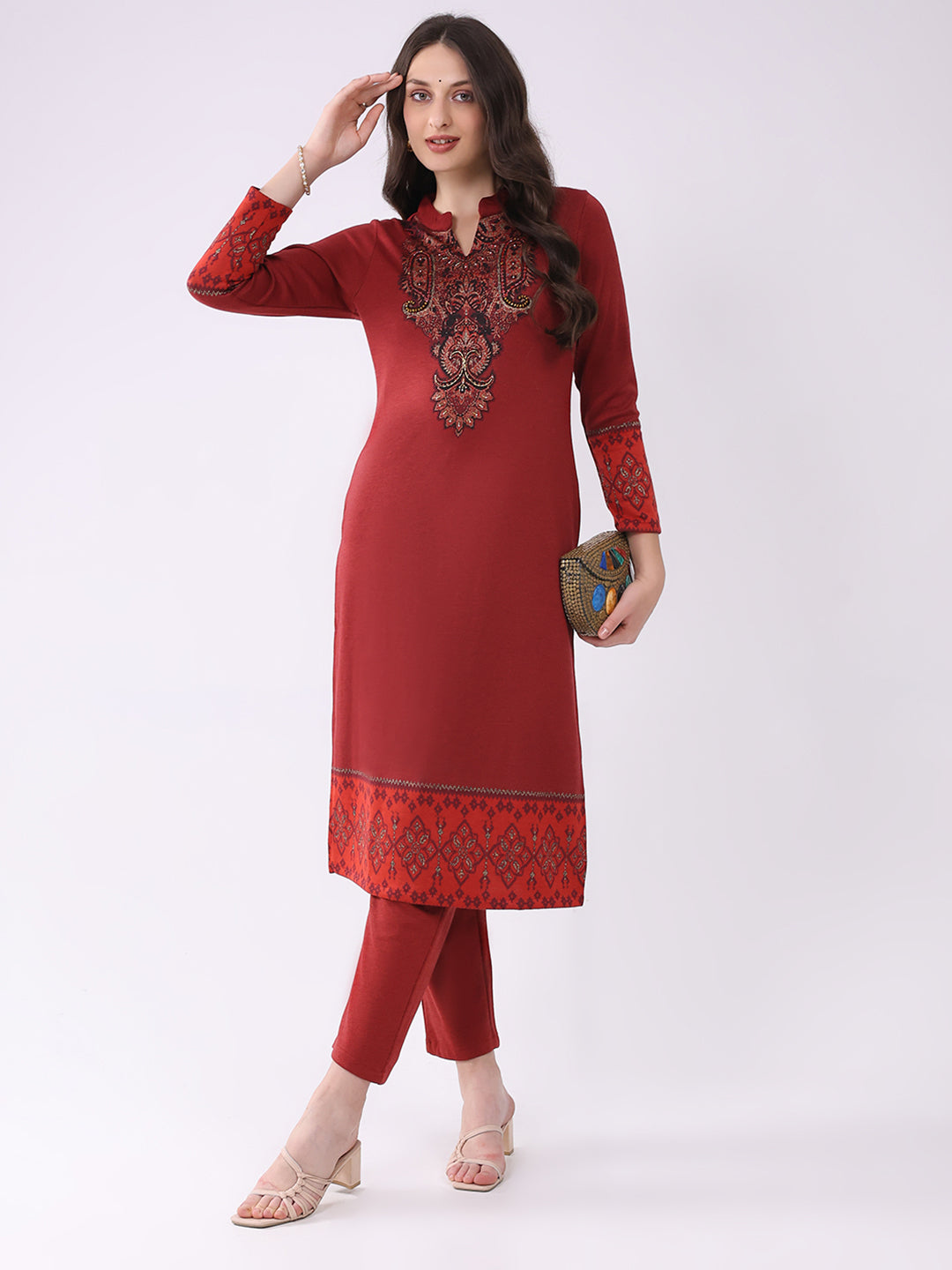 Women Red Printed Round Neck Full Sleeve Kurti Set for Winter