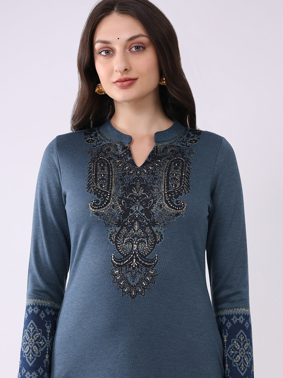 Women Navy Blue Printed Round Neck Full Sleeve Kurti Set for Winter