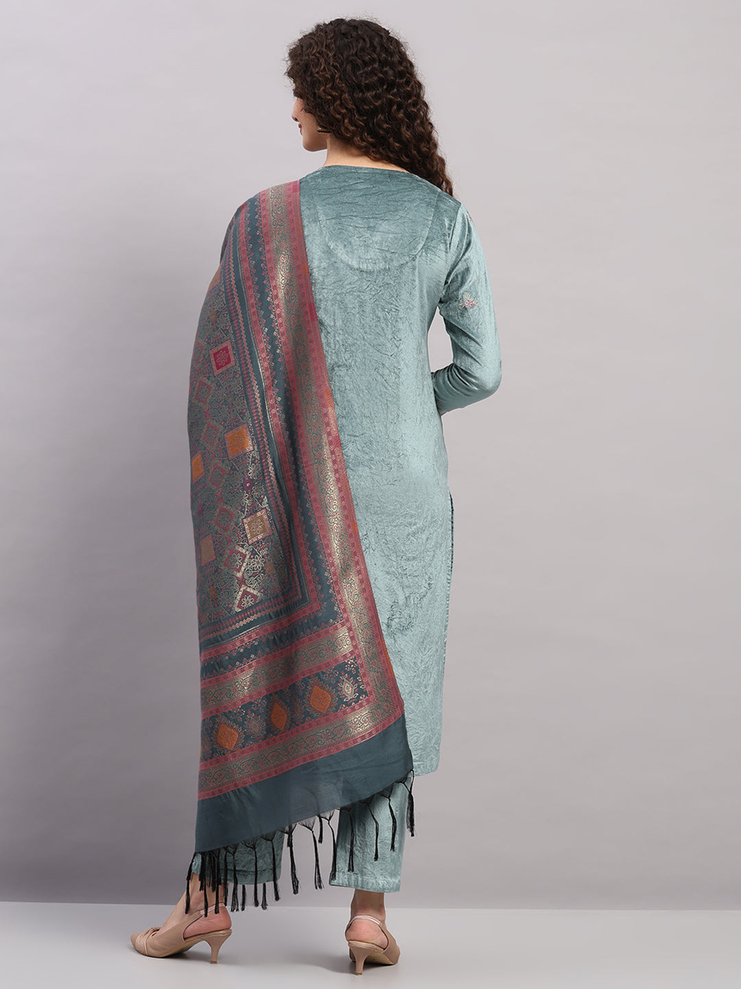 Women Blue Printed Round Neck Full Sleeve 3 Pc Kurti Set for Winter