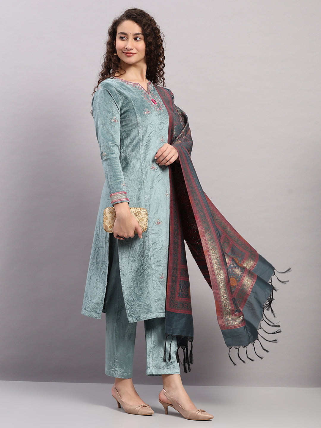 Women Blue Printed Round Neck Full Sleeve 3 Pc Kurti Set for Winter