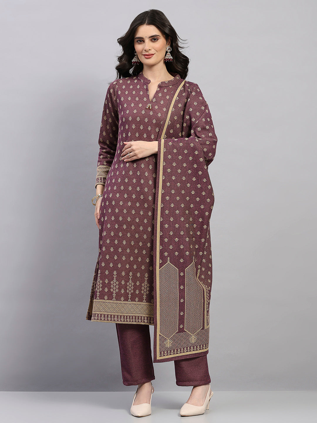 Women Brown Printed Round Neck Full Sleeve 3 Pc Kurti Set for Winter