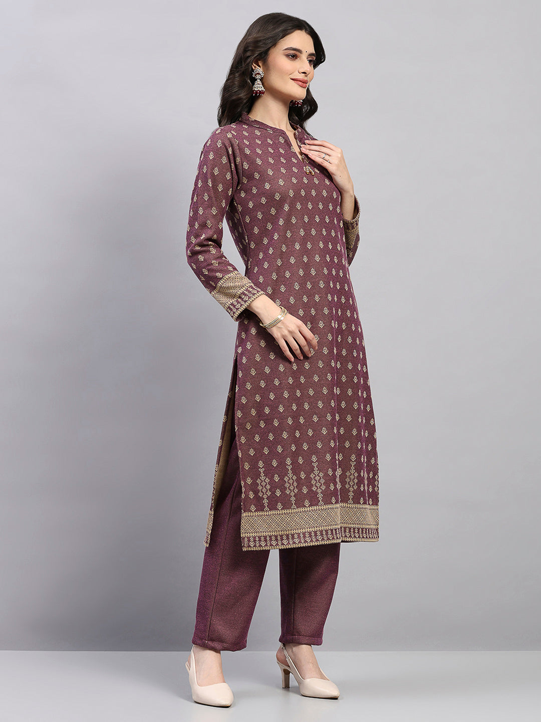 Women Brown Printed Round Neck Full Sleeve 3 Pc Kurti Set for Winter