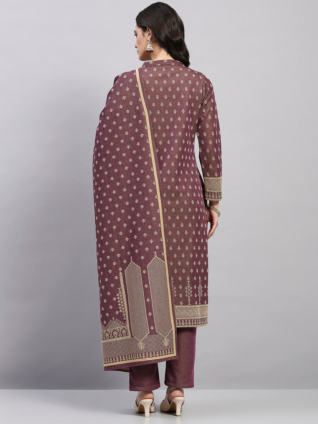 Women Brown Printed Round Neck Full Sleeve 3 Pc Kurti Set for Winter