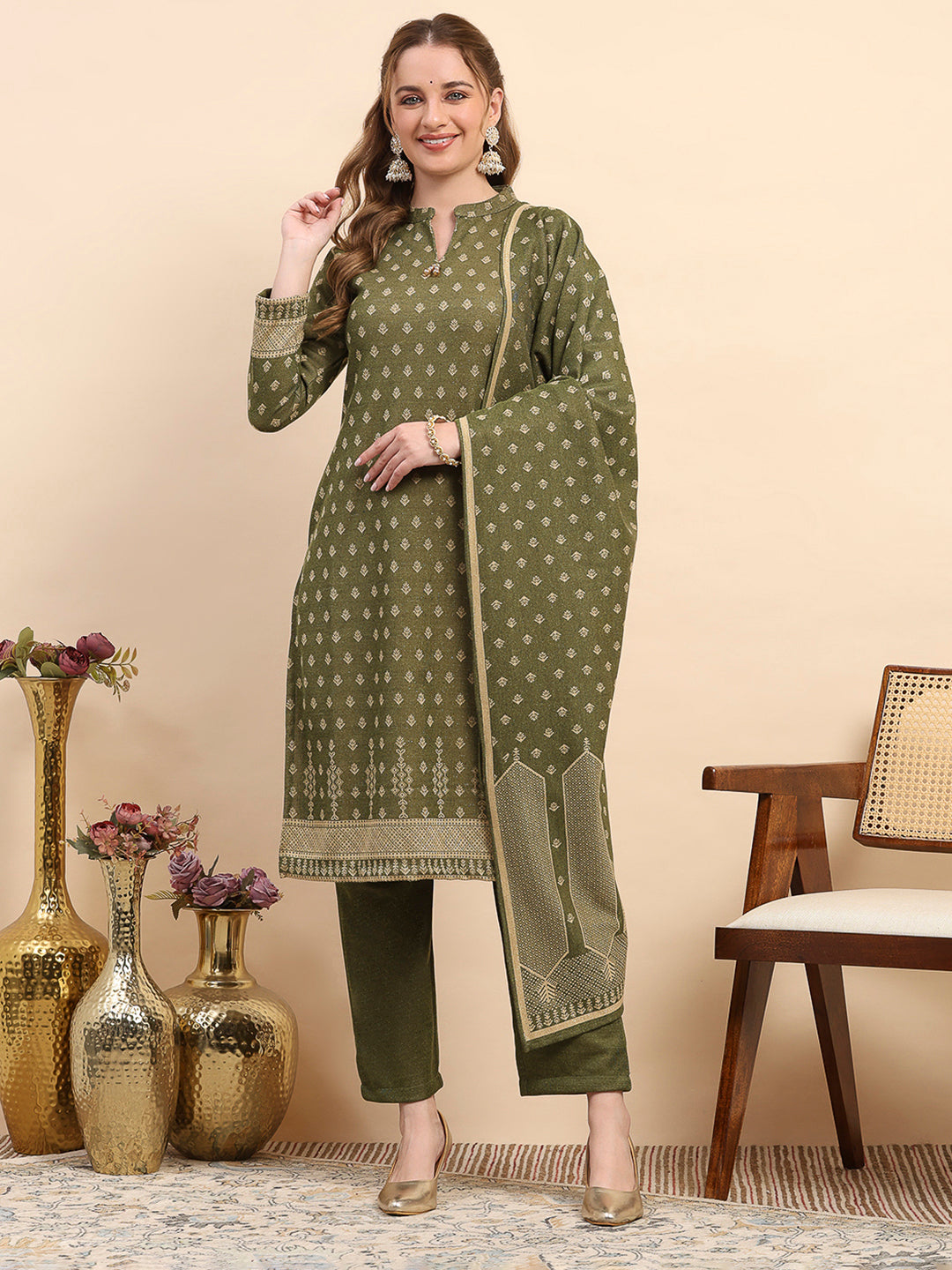 Women Green Printed Round Neck Full Sleeve 3 Pc Kurti Set for Winter