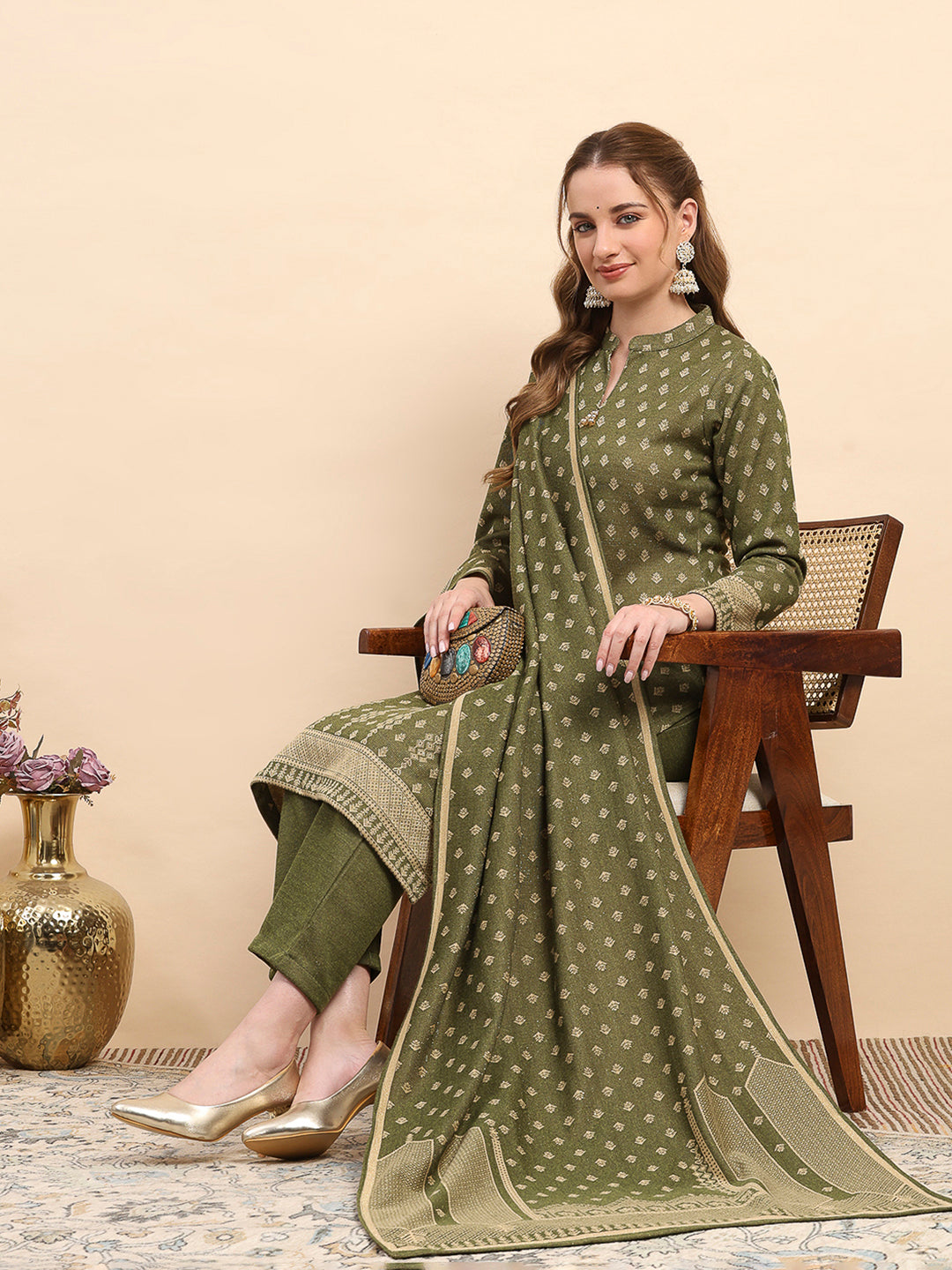 Women Green Printed Round Neck Full Sleeve 3 Pc Kurti Set for Winter