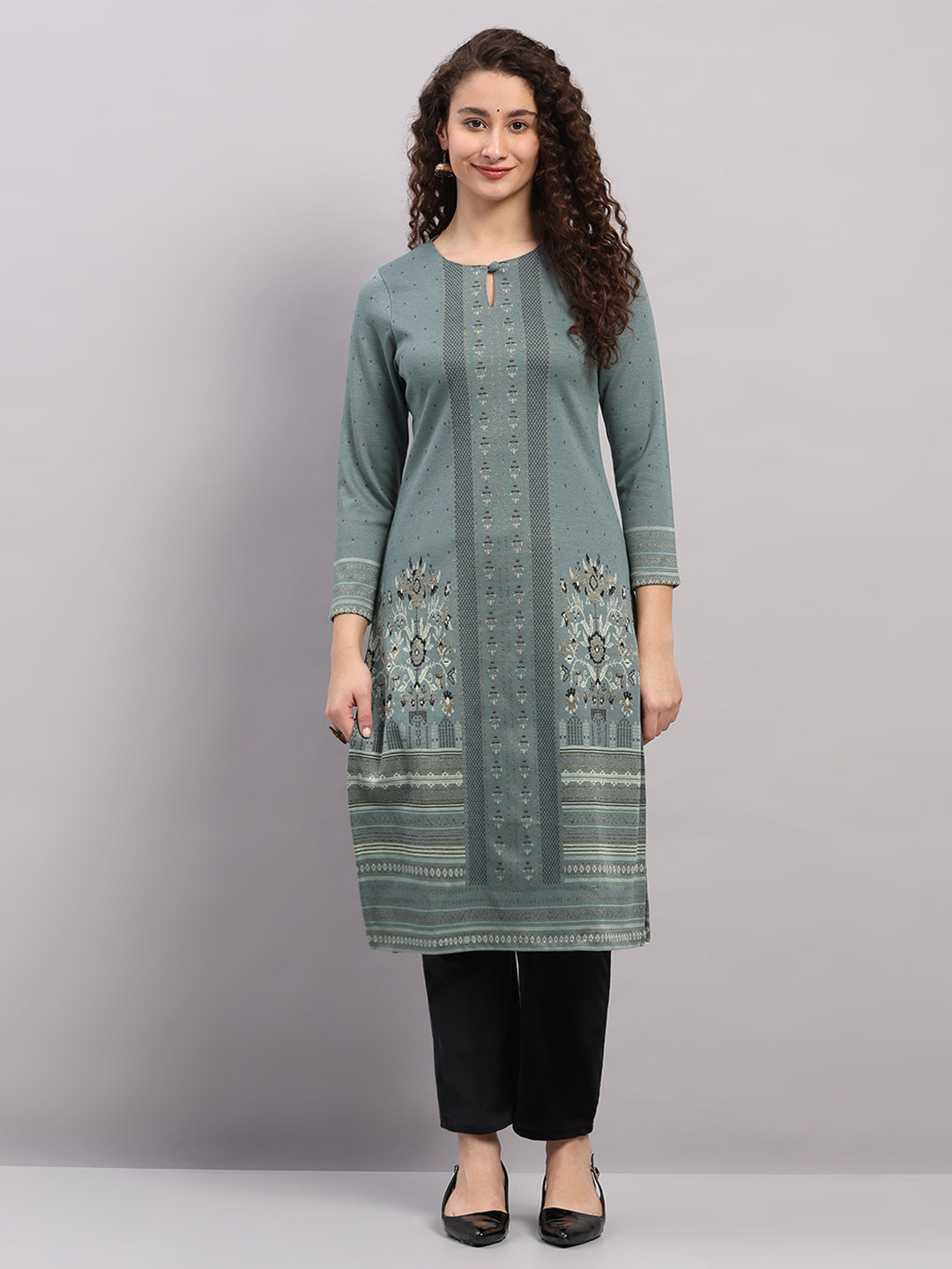 Women Light Blue Printed Round Neck Full Sleeve Winter Kurti