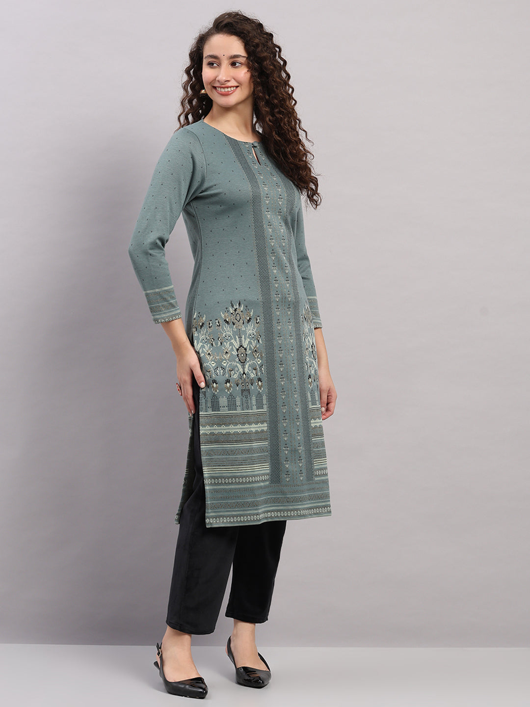 Women Light Blue Printed Round Neck Full Sleeve Winter Kurti