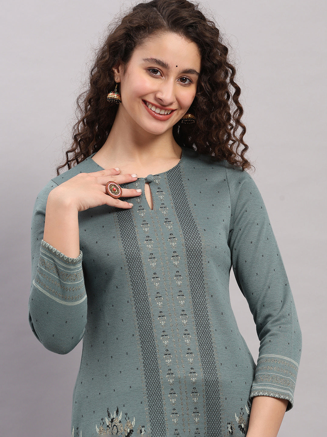 Women Light Blue Printed Round Neck Full Sleeve Winter Kurti