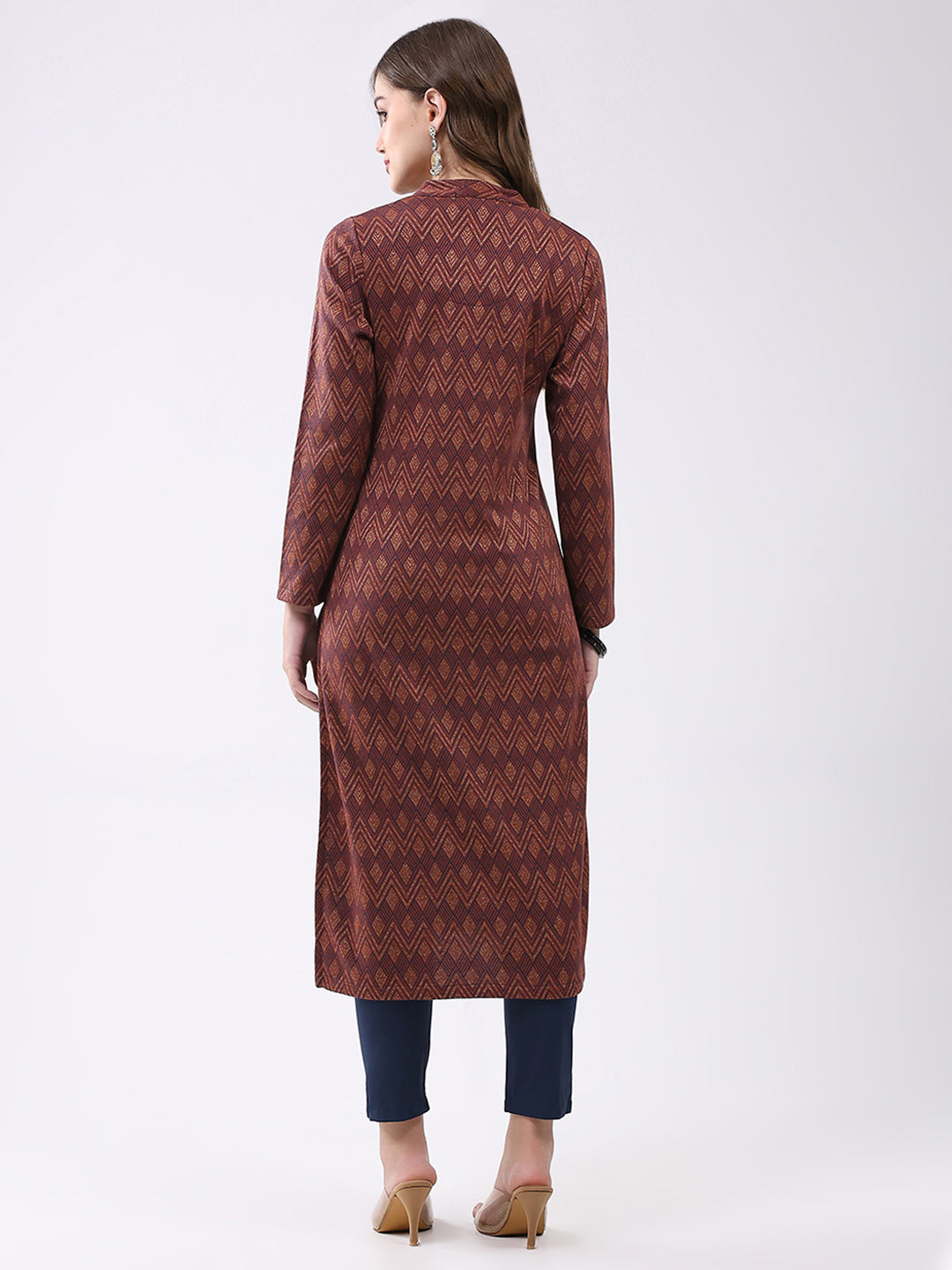 Women Rust Self Design Round Neck Full Sleeve Winter Kurti