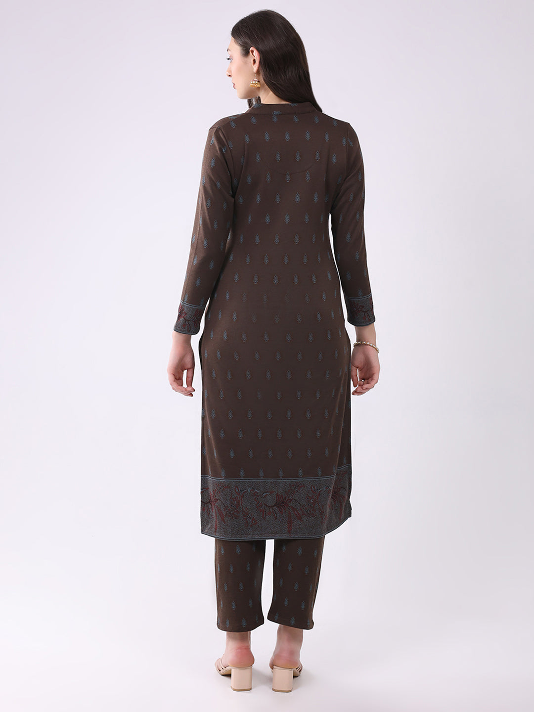 Women Brown Printed Round Neck Full Sleeve Kurti Set for Winter