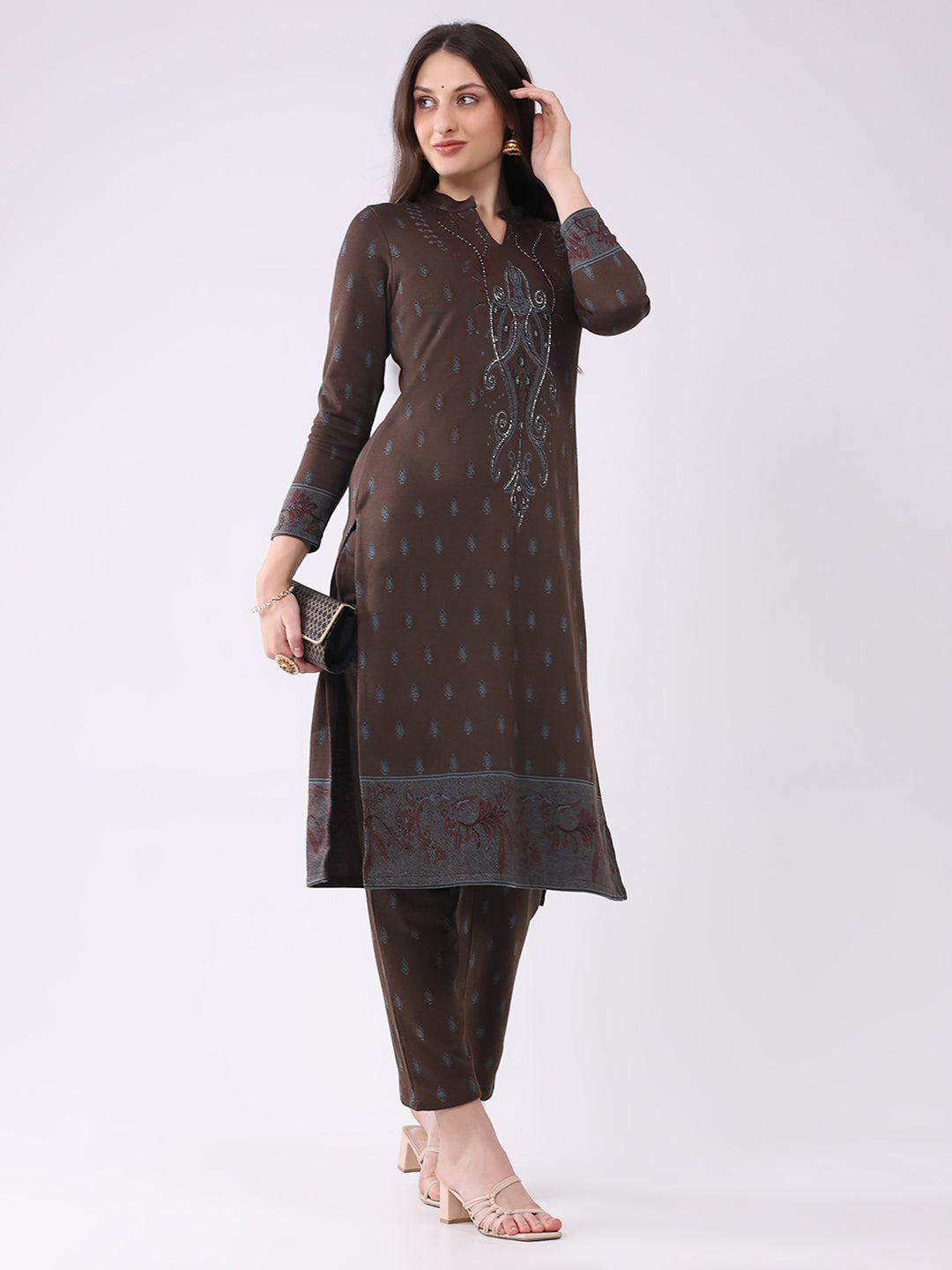Women Brown Printed Round Neck Full Sleeve Kurti Set for Winter