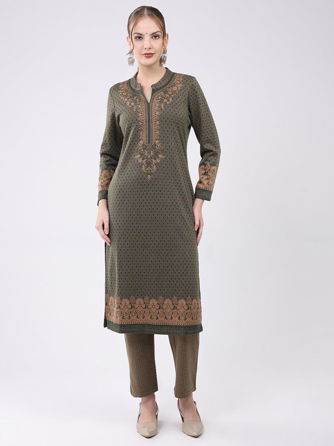 Women Olive Printed Round Neck Full Sleeve Kurti Set for Winter