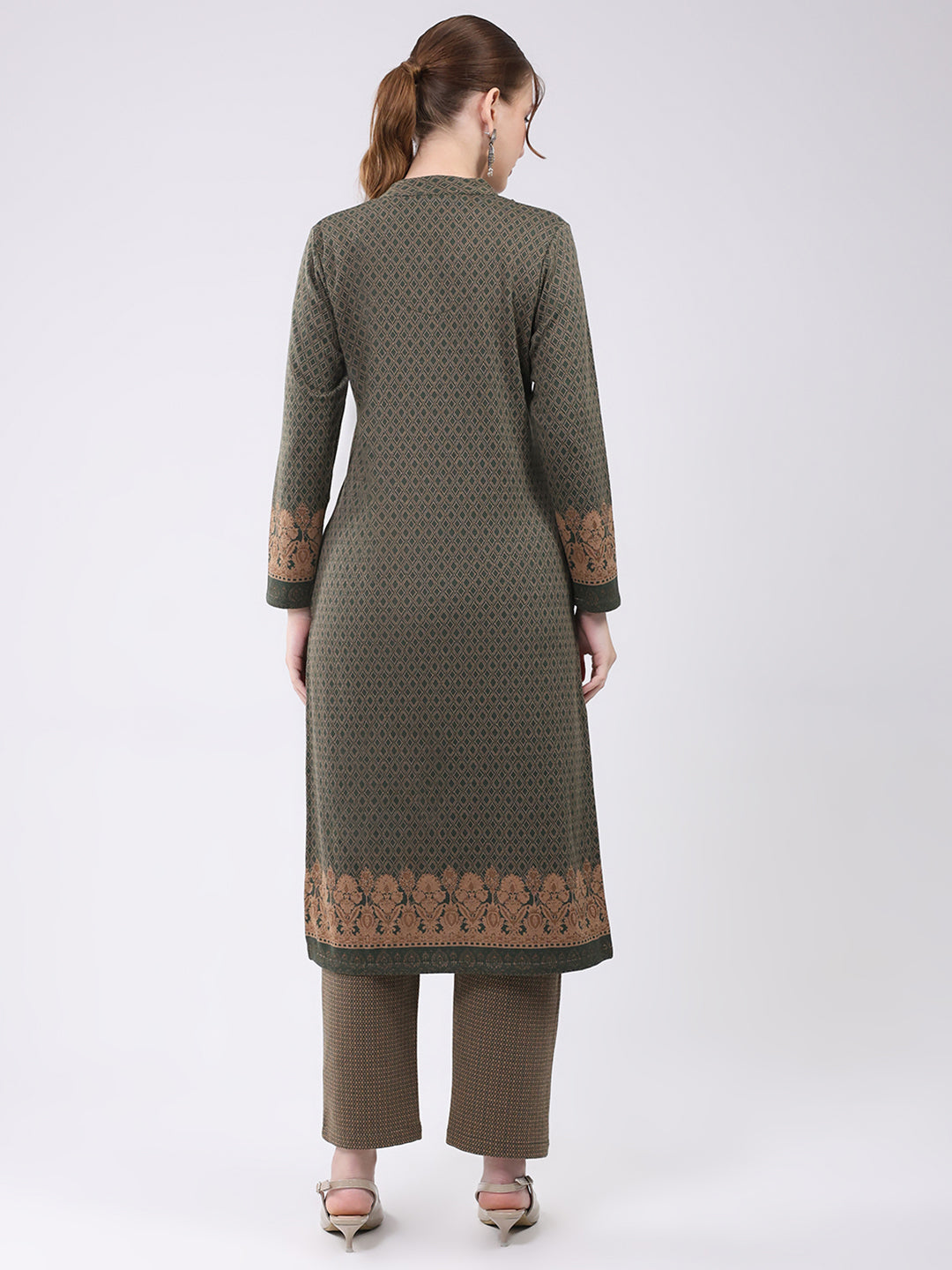 Women Olive Printed Round Neck Full Sleeve Kurti Set for Winter