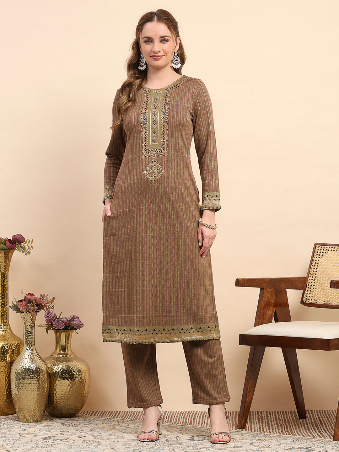 Women Mustard Printed Round Neck Full Sleeve Kurti Set for Winter