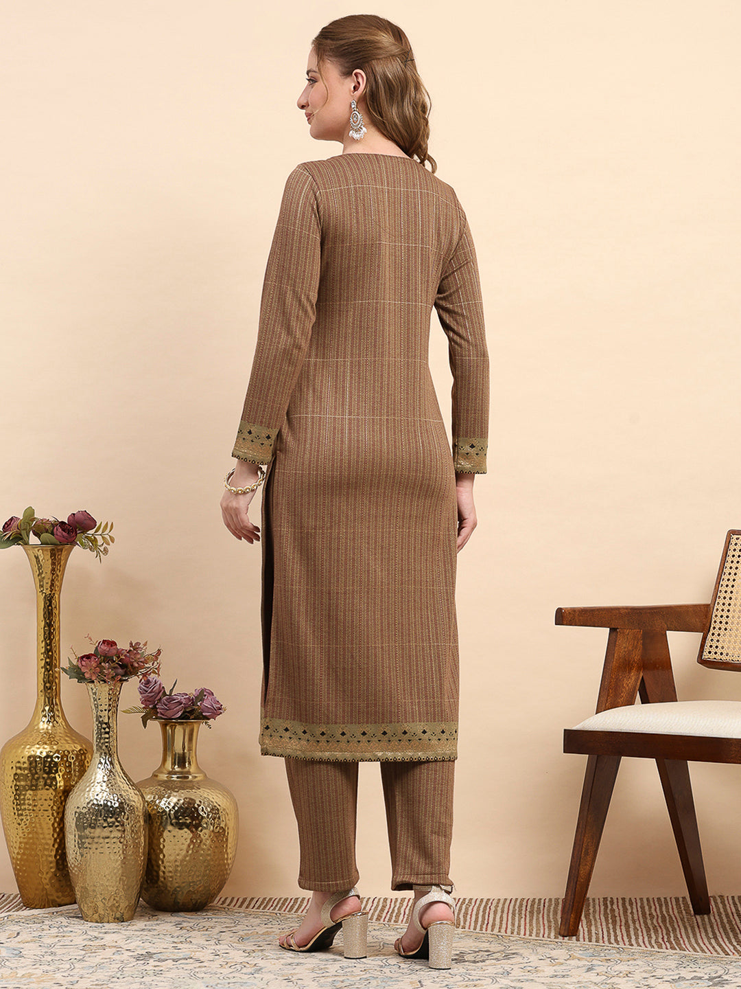 Women Mustard Printed Round Neck Full Sleeve Kurti Set for Winter