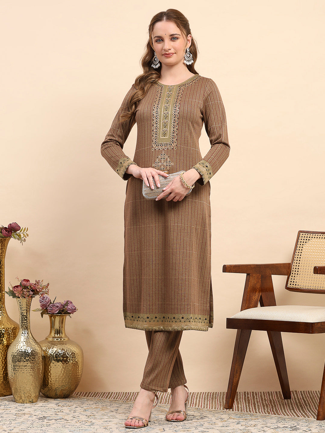 Women Mustard Printed Round Neck Full Sleeve Kurti Set for Winter