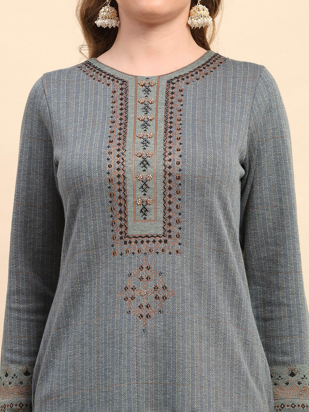 Women Blue Printed Round Neck Full Sleeve Kurti Set for Winter