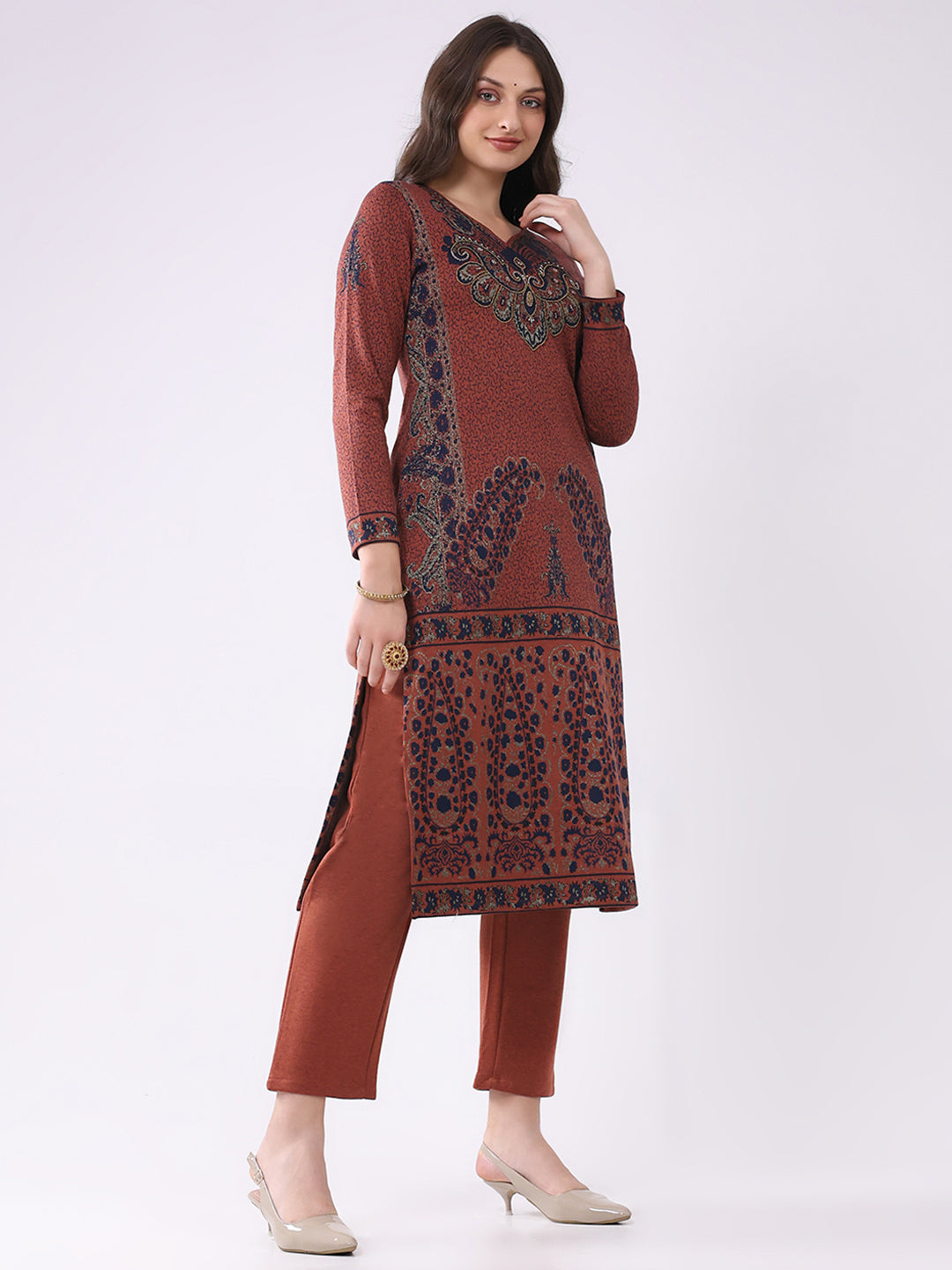 Women Rust Printed V Neck Full Sleeve Kurti Set for Winter