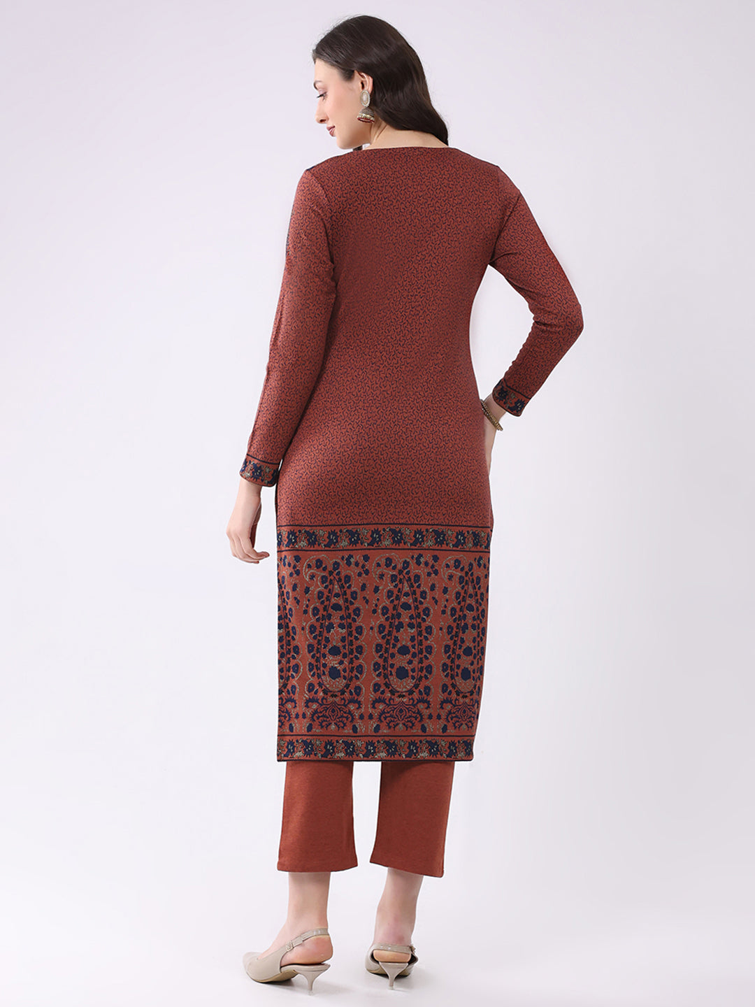 Women Rust Printed V Neck Full Sleeve Kurti Set for Winter