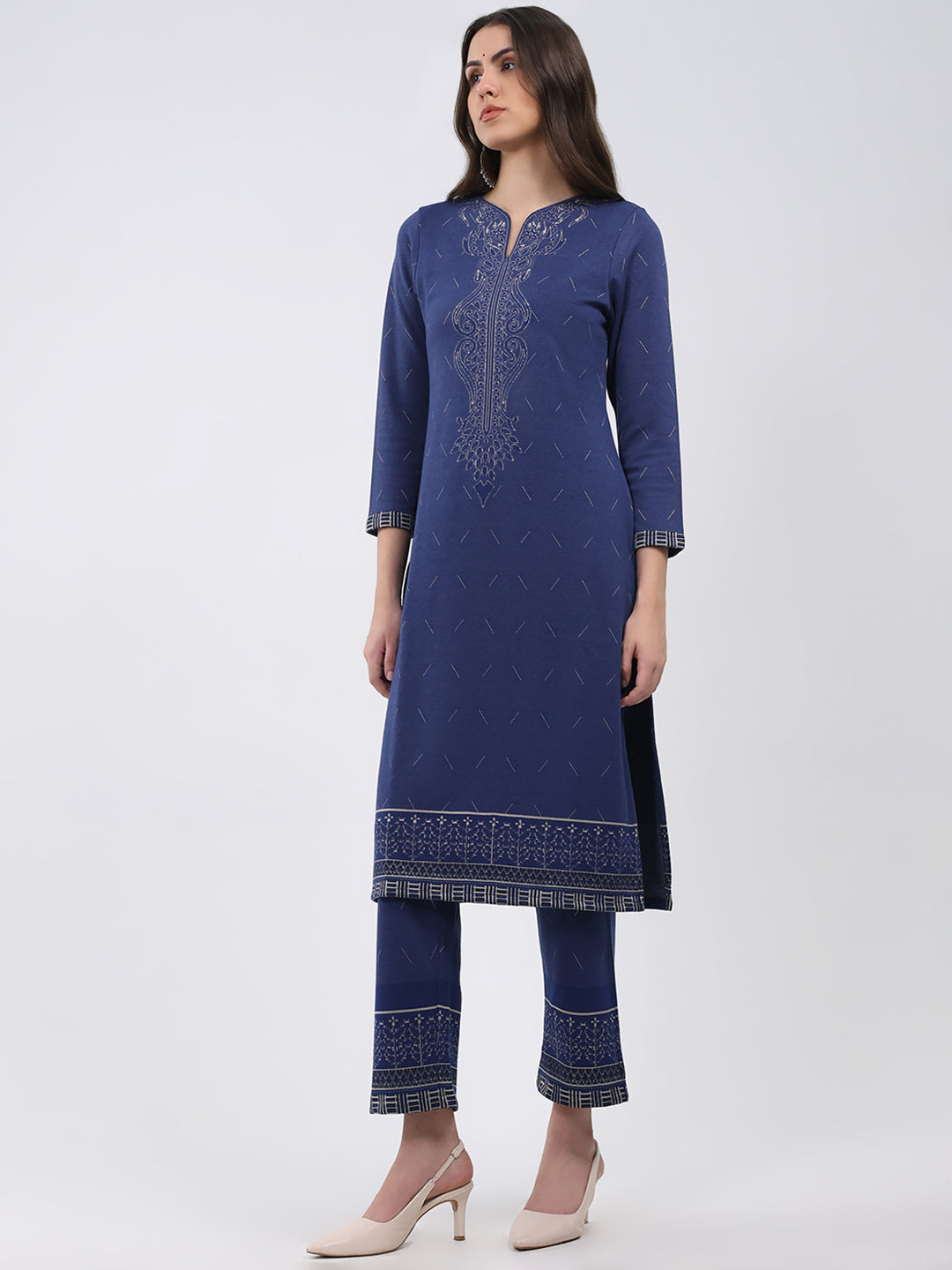 Women Blue Printed Round Neck Full Sleeve Kurti Set for Winter