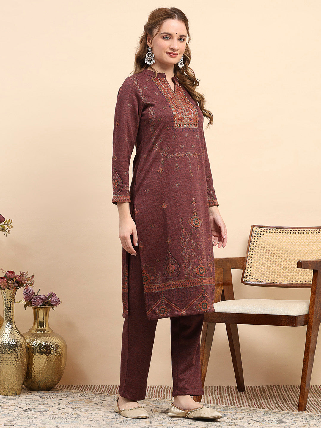Women Rust Printed Round Neck Full Sleeve Kurti Set for Winter