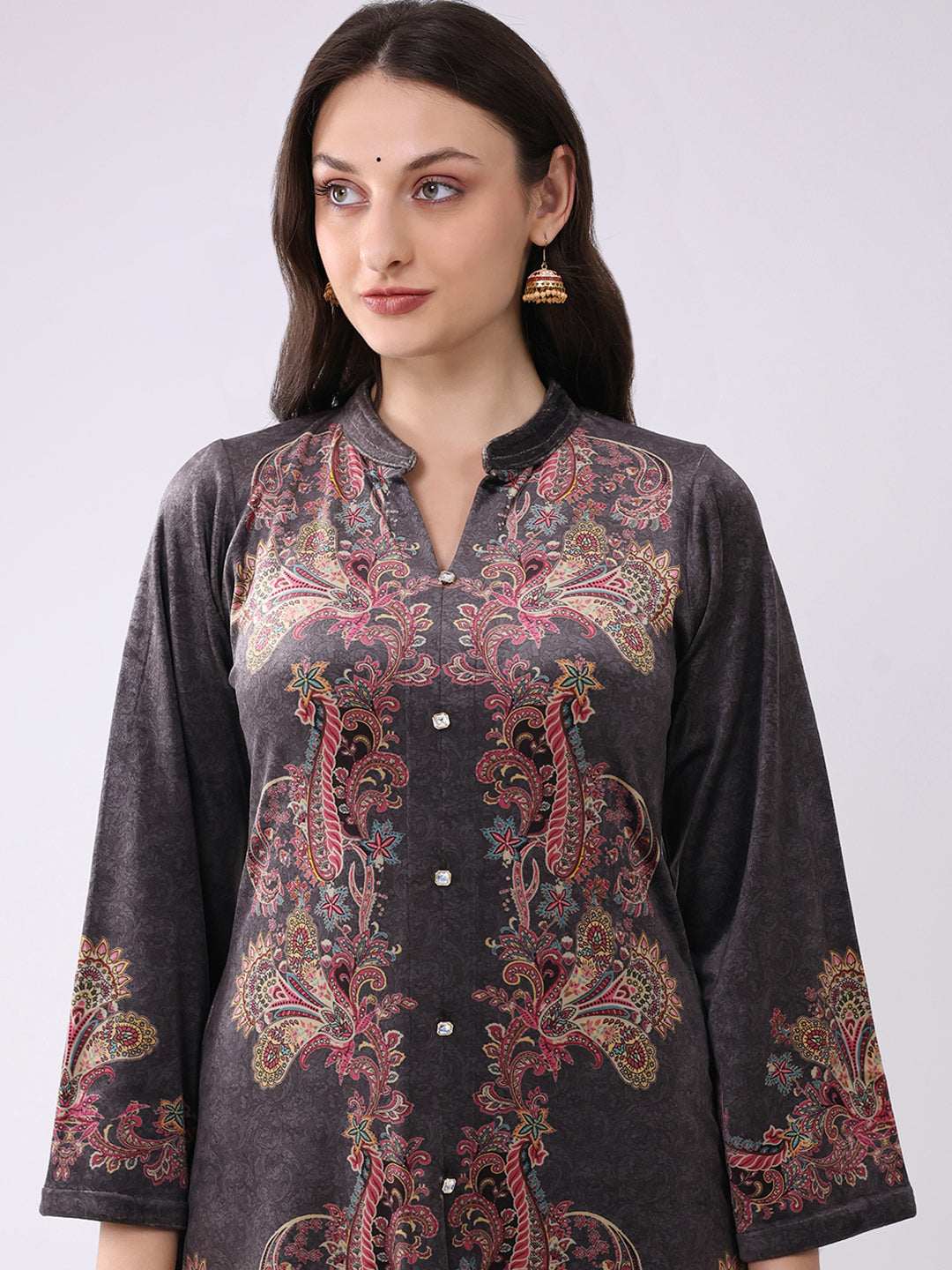 Women Grey Printed Round Neck Full Sleeve Kurti Set for Winter